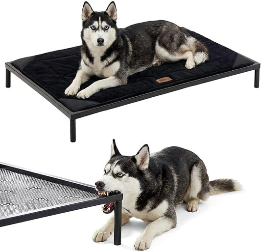 ZOMISIA Chew Proof Elevated Dog Bed for Large Dogs - Raised Pet Cot with Removable Waterproof Padded for Outdoor Use, Indestructible and Washable, 42" L x 27" W x 5" H, Black