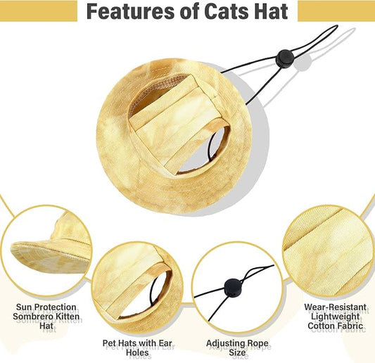 DENTRUN Cat Bucket Hat with Ear Hole, Cotton Birthday Bonnet for Small Pets | Breathable cotton, Adjustable Secures fit, For birthday Party, For small cats, daily cute photos