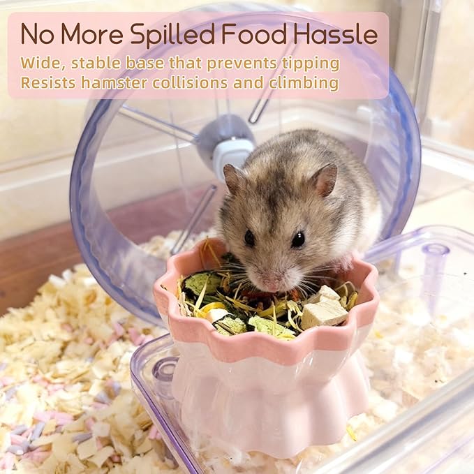 Ceramic Hamster Food Bowl Elevated Hamster Bowl Non-Tip Rat Feeding Dish with Water Bottle for Dwarf Gerbil Mouse Mice Sugar Glider (Pink)