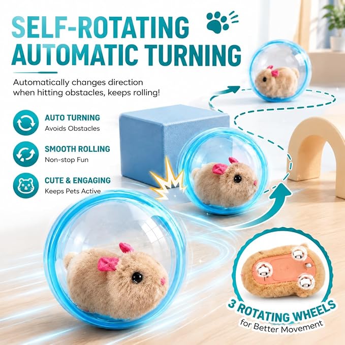 2026 New Self-Rolling Interactive Cat Ball Realistic Animal Automatic Moving Rolling Cat Ball 360° Rolling Spin Moving Cat Ball Fun Indoor Interactive Pet Ball for Cats Dogs Chasing(Blue,Mouse-B)