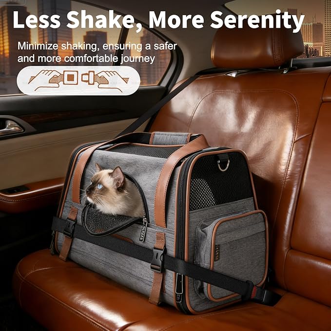 Heavy-Duty Premium Pet Carrier, Medium to Large Cat Carrying Bag with Seatbelt Strap Car Travel, Top & Side Load Crate Durable Foldable Kennel Cage for Small Dogs Under 10 lbs Leather