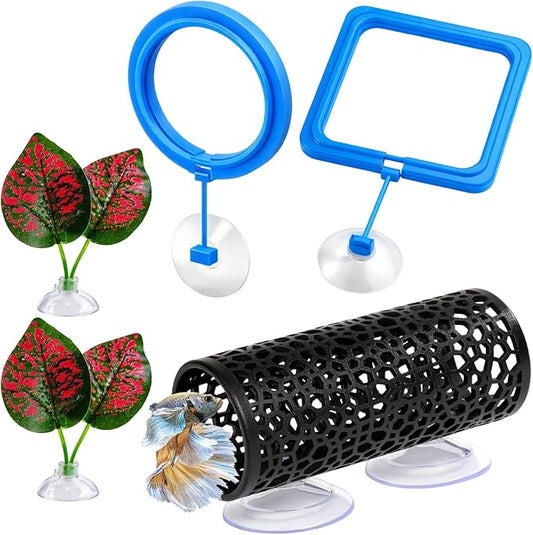 5pcs Fish Feeding Ring, Betta Feeding Ring and Hammock, Feeding Ring for Fish Tank and Aquarium, Assorted Blue Circular and Square Rings with Grass and Tunnel Accessories for Fish Feeding and Resting