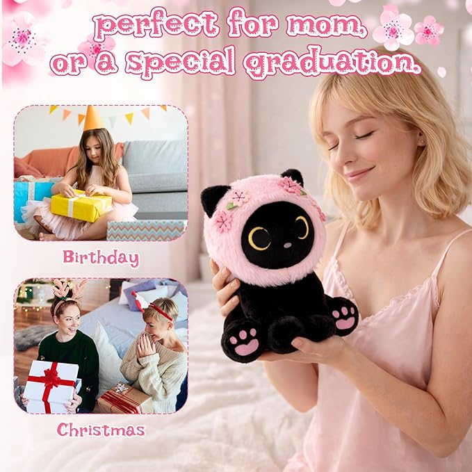 Black Cat Plush with Removable Sakura Flower Hood - 8" Cute Stuffed Animal for Spring, Soft Kawaii Cat Plushie, Flower & Cherry Blossom Gift for Girls & Moms