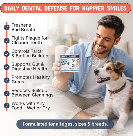 Pets Are Kids Dog Dental Powder | Premium Breath Freshener with OraCMU™ Probiotic for Gut Support | Easy-to-Mix Dog Teeth Cleaning Powder | Fights Bad Breath, Tartar & Plaque | Bacon Flavor, 60 Scoops