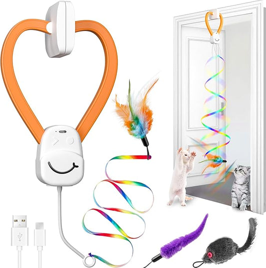Interactive Cat Toys for Indoor Cats,Automatic Hanging Electric Cat Teaser,USB-Rechargeable,Enrichment Chase,Flying Bird Feather Mouse Wand,Safe Self Play for Bored Multi Cats Households