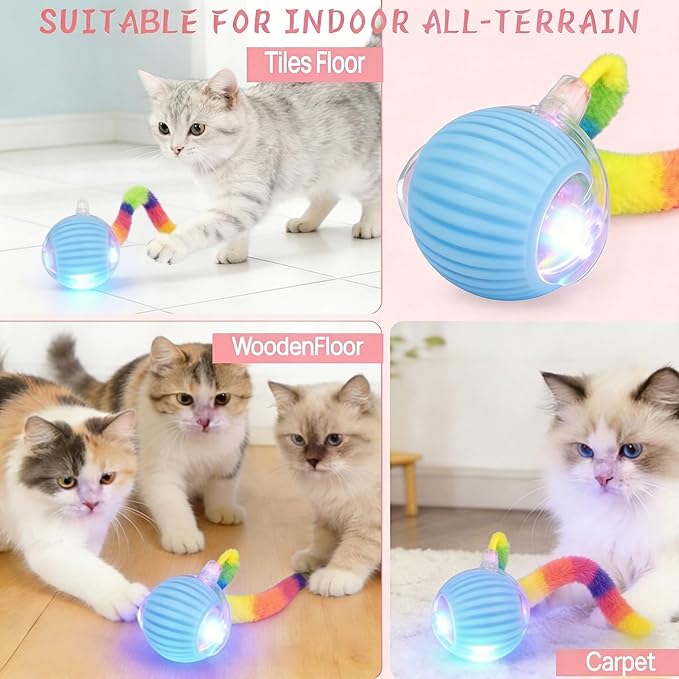 Rechargeable Smart Rolling Cat Ball, Automatic Interactive Cat Toy with 3 Modes, LED Light & 3 Replaceable Accessories, Indoor Cat Exercise Toy for Kittens & Adult Cats, for Boredom Relief Gray