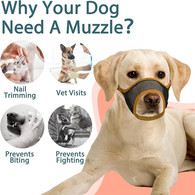 LUCKYPAW Dog Muzzle, Mesh Dog Muzzle for Large Medium Small Dogs, Soft Mouth Guard for Biting Chewing, Breathable Mouth Cover with Adjustable Strap for Training (Brown, S(Snout:7.75"-8.75"))