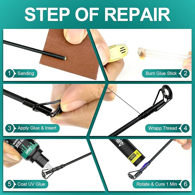 Fishing Rod Tip Repair Kit, Complete Supplies for Fishing Pole Tip Replacement with 10 Sizes Top Eyelets, Glue, UV Flashlight, Wrapping Thread, Easy&Quick Repair Broken Fishing Accessories
