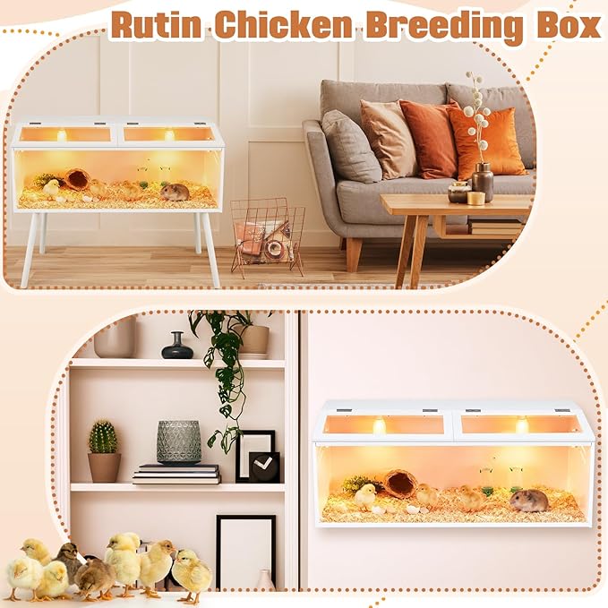 CroBlissful 40 x 16 x 16 in Brooder Box for Chicken Quails Stand Sliding Door, Bulb Set and Feeder, Indoor Chicks Coop Brooder Box Kit, for Ducks, Hamsters, Lizards, Mice, Rat (Table Legs, White)