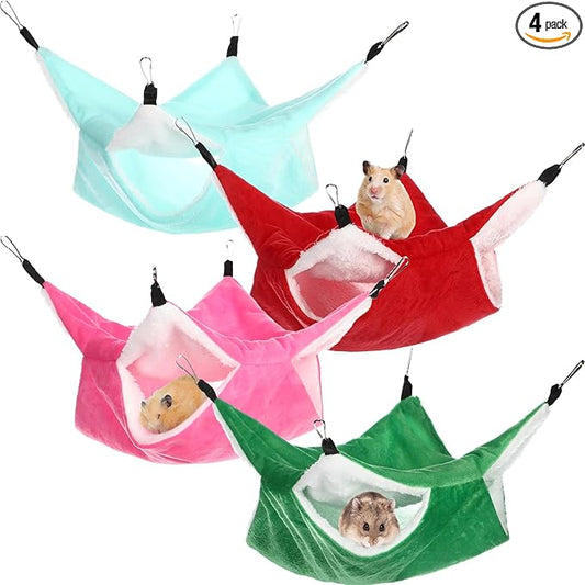 Nuogo 4 Pcs Rat Hammock for Cage Small Animal Hanging Ferret Hammocks for Rat Accessories Double Layer Ferret Bed for Guinea Pig Playing Sleeping (Red, Green, Rose Red, Turquoise,Classical)