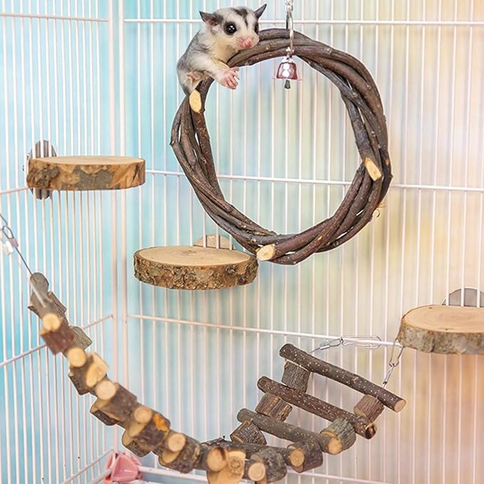 5Pcs Sugar Glider Supplies Cage Accessories,Apple Wood Squirrel Ferret Hamster Hanging Chewing Climbing Toys,Sugar Glider Swing Toy Ladder Toy Platform (Wood, 5Packs)