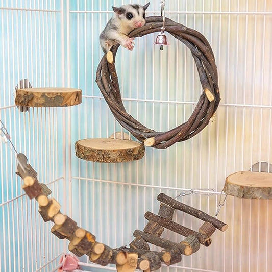5Pcs Sugar Glider Supplies Cage Accessories,Apple Wood Squirrel Ferret Hamster Hanging Chewing Climbing Toys,Sugar Glider Swing Toy Ladder Toy Platform (Wood, 5Packs)