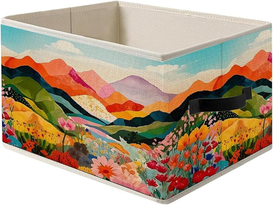 Abstract Boho Colorful Floral Mountain Storage Bins, Modern Maximalist Vibrant Wildflower Foldable Closet Organizers Storage Basket Toybox for Clothes Bed Sheets Blankets Toys