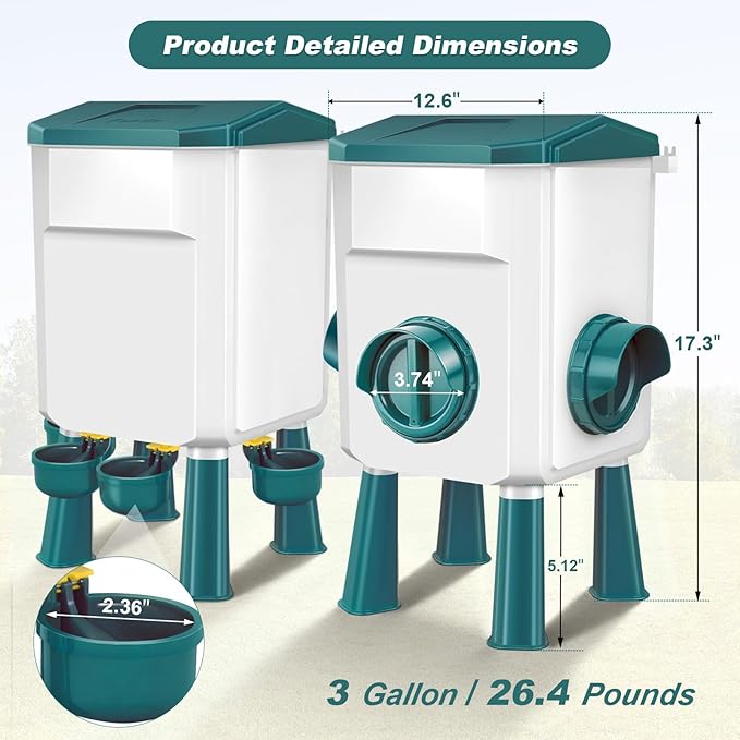 Chicken Feeder and Waterer Set 3 Gallon/26.4 Pounds, Automatic Chick Feeder and Waterer Set No Waste, Poultry Feeder Large for Hens/Ducks/Poultry