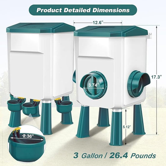 Chicken Feeder and Waterer Set 3 Gallon/26.4 Pounds, Automatic Chick Feeder and Waterer Set No Waste, Poultry Feeder Large for Hens/Ducks/Poultry