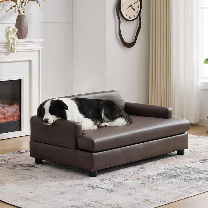 Luxury Dog Sofa Bed Elevated Pet Couch with Durable Waterproof Leather & Orthopedic Sponge - Modern Furniture Style Dog Lounge & Pet Bedside Step for Medium/Large Dogs, Brown