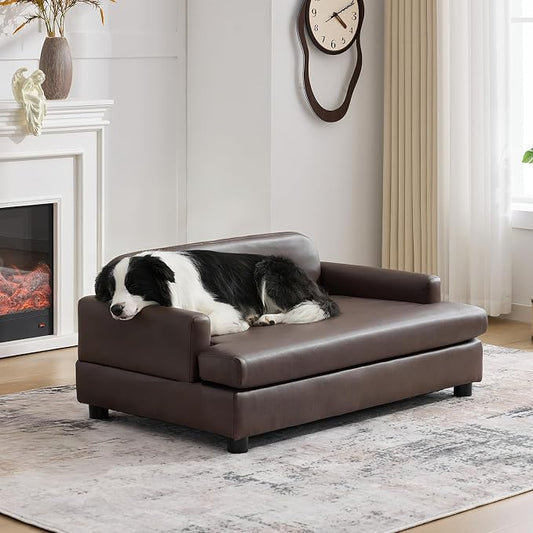 Luxury Dog Sofa Bed Elevated Pet Couch with Durable Waterproof Leather & Orthopedic Sponge - Modern Furniture Style Dog Lounge & Pet Bedside Step for Medium/Large Dogs, Brown