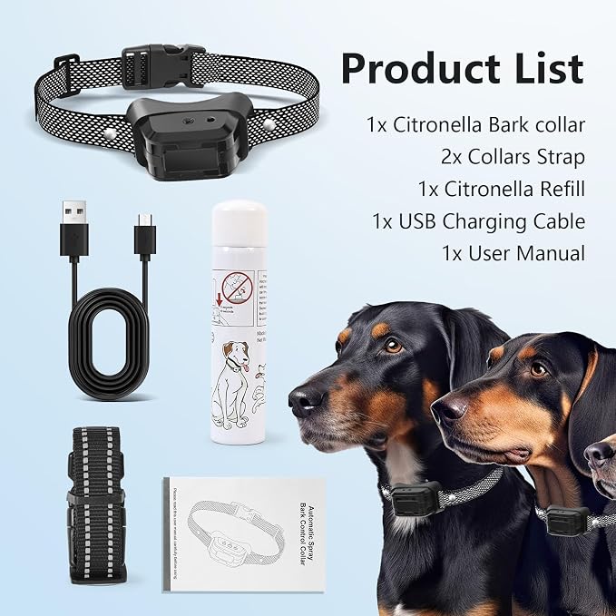 Citronella Dog Bark Collar, Anti Bark Collar with 3 Adjustable Spray & Sensitivity Level [1 Citronella Spray Refill] Automatic No Shock Dog Barking Collar for Small Medium Large Dogs, Black