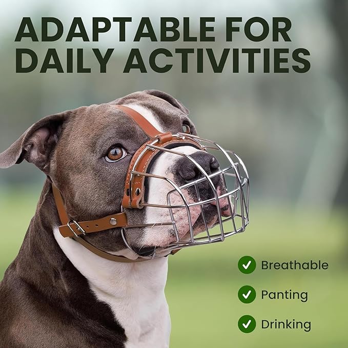 BRONZEDOG Pitbull Dog Muzzle Breathable Metal Basket for Large Dogs Amstaff Staffordshire Terrier Biting Chewing Barking (Leather, Brown)
