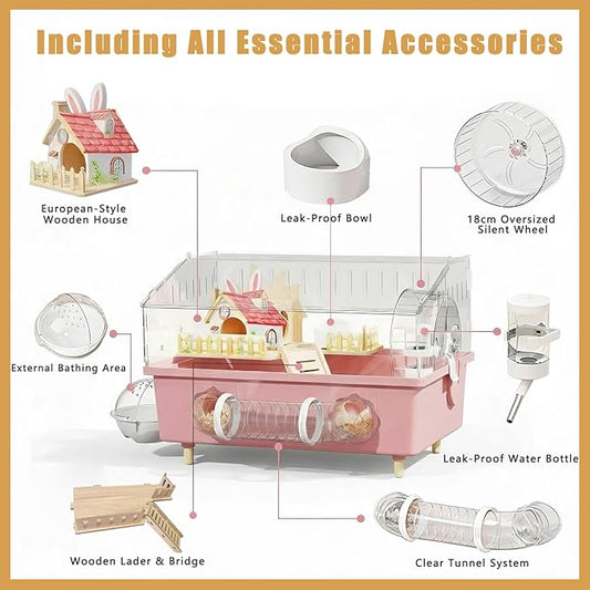 Pink Acrylic Hamster Cage - 18" Small Animal Home with 180° View, Extra Deep 5.5" Base, 8" Silent Wheel & Expansion Ports - for Dwarf Hamsters, Gerbils, Mice
