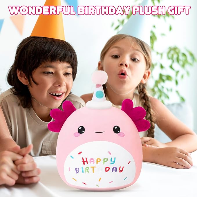SQEQE Axolotl Stuffed Animal Toy Happy Birthday Axolotl Plush Cute Pink Birthday Plushies Doll Home Decor for Kids Girls Boys 10 Inch