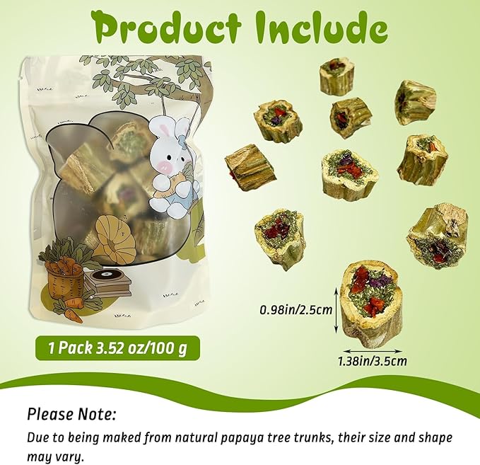 PINVNBY Rabbit Chew Toys Natural Papaya Wood Bunny Treats with Grass Carrot Apple and Sweet Potato Guniea Pig Molar Snacks for Hamster Chinchilla Gerbil Small Animals Teeth Grinding (3.52 oz)