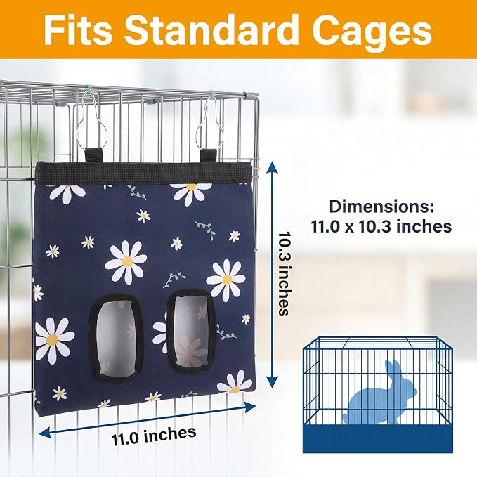 Ondware Rabbits Hay Feeder Bag for Bunny - Hanging Washable Dual-Port Hay Dispenser for Rabbits, Guinea Pigs; 600D Oxford Fabric, Collapsible, Blue Daisy Pattern