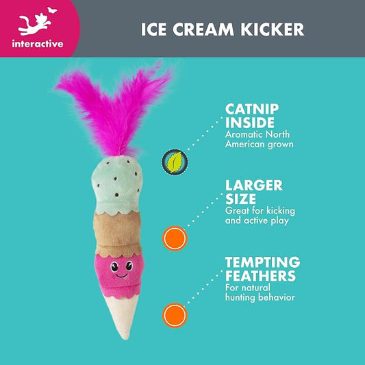 Quirky Kitty Ice Cream Kicker Catnip Crinkle Feather Soft Plush Cat Toy | Large Kicker Cat Toy for Bunny Kicks, Pouncing & Batting | Interactive Catnip Toy for Active Play