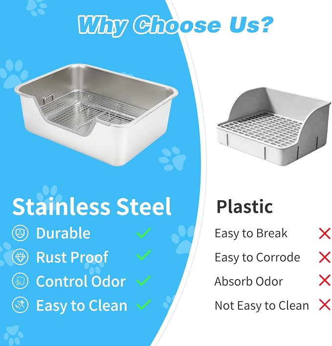 YUEPET 4-in-1 Large Rabbit Litter Box, Non-Slip Stainless Steel Litter Boxes with Sifting Grid & Hay Feeder Food Bowl, Easy Cleaning Bunny Litter Box with Odor Control for Rabbits Small Pets（M）