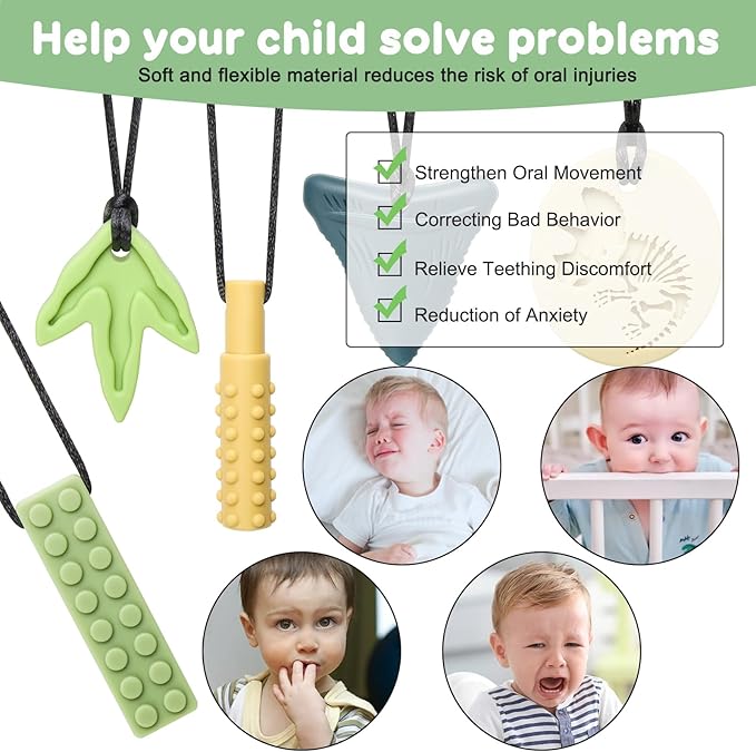 MISSLILI Sensory Chew Necklaces for Aggressive Chewers - Silicone Chewelry for Autism, ADHD, Oral Motor Therapy & Baby Teething - Dinosaur (BPA-Free, Textured Surface)
