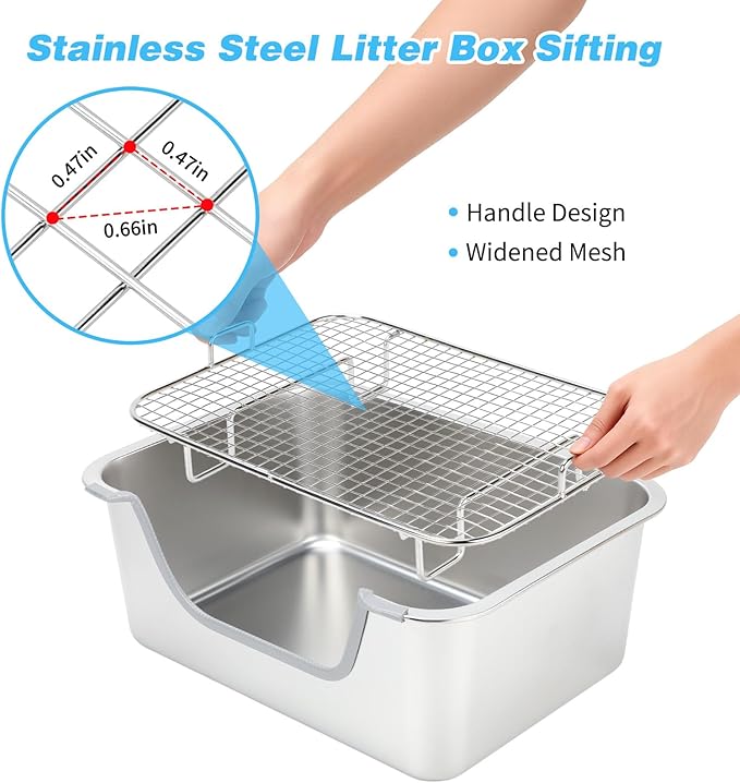 YUEPET 4-in-1 Large Rabbit Litter Box, Non-Slip Stainless Steel Litter Boxes with Sifting Grid & Hay Feeder Food Bowl, Easy Cleaning Bunny Litter Box with Odor Control for Rabbits Small Pets（S）