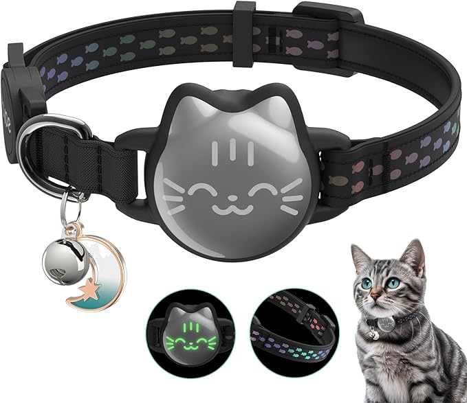 AirTag Cat Collar Breakaway, Reflective Cat Collar Compatible with Apple AirTag 1st & 2nd Gen, Hidden Holder with Bell, Lightweight Water-Resistant Strap for Cats, AirTag Not Included