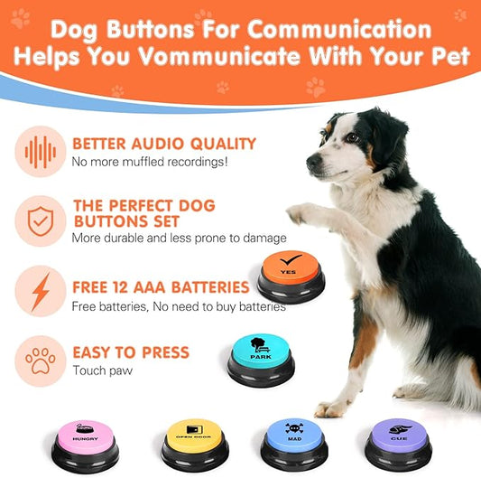 Dog Buttons for Communication,Talking Buttons for Dogs,6 Recordable Sound Buttons + 24 Scene Patterns + 1 Dog Button Mat+ 12 AAA Batteries，30 Seconds Dog Buttons for Pet Sound Training Toy