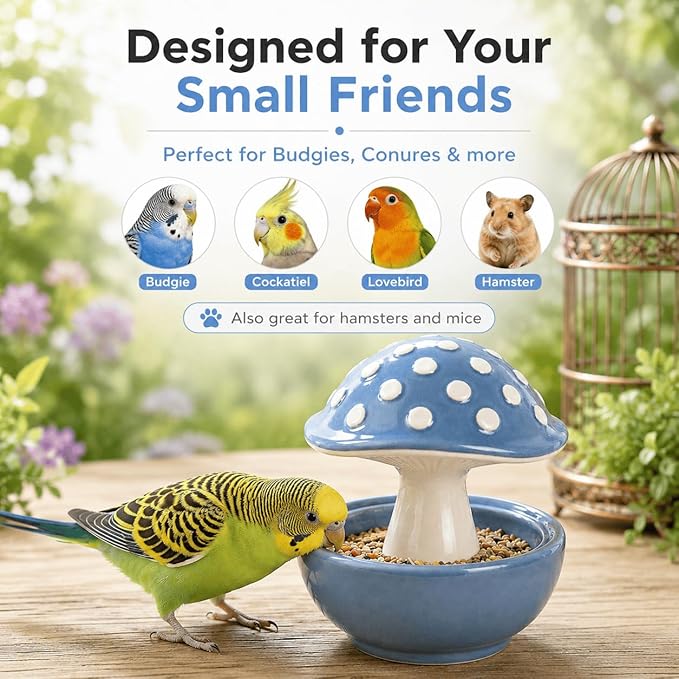Cute Mushroom Ceramic Bird Water Dispenser & Seed Bowl, Premium Glazed Anti-Dust Feeding Dish for Small Parrots, Conures, Hamsters, Heavy Duty Cage Accessory