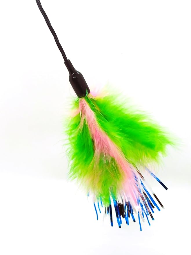 Kats'N Us 18 Inch Wand with Feathers Teaser Cat Toy - Green, Hunting Instinct Play, Flexible Acrylic Handle, Interactive Exercise Attachment for Indoor Cats