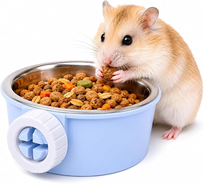 Small Pet Food & Water Bowl Feeder for Hamsters, Guinea Pigs, Rabbits | Secure cage bowl with removable stainless steel insert reduces spills, saves space, convenient daily feeding