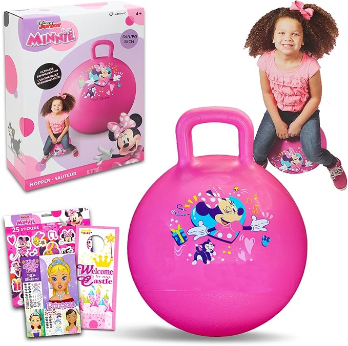 Disney Minnie Mouse Hopper Ball for Kids - Bundle with 15 Inch Minnie Bouncy Ball with Handle, Stickers, and More (Minnie Mouse Outdoor Toys)