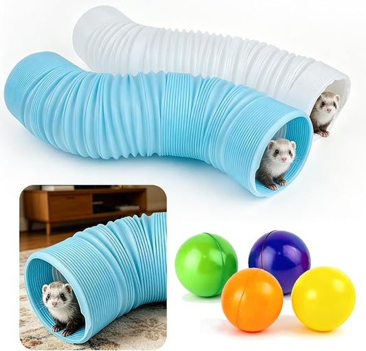 2PCS Ferret Tunnel with 4 Balls Inclueded, Hamster Fun Tunnels, DIY Foldable Guinea Pigs Plastic Tunnel Training Hideout Tunnels Accessories for Guinea Pigs Rats Chinchillas Dwarf Rabbits