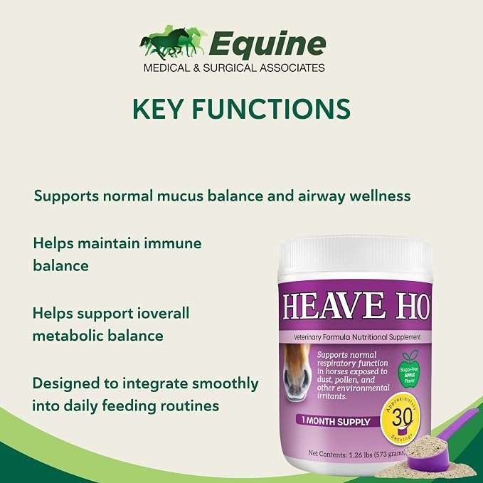 HEAVE HO Equine Respiratory Support Supplement for Horses, Supports Normal Lung & Immune Function, Sugar Free Apple Flavor, 30 Servings