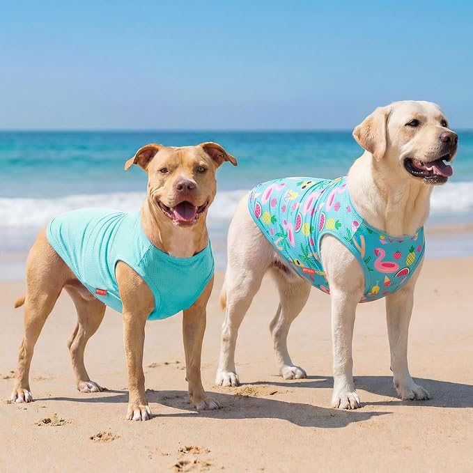 KYEESE 2Pack Dog Shirt, Lightweight Sun Protection Dog T Shirts for Medium Large Dogs Boy Girl, Breathable Mesh Tank Top Sleeveless Pet Reflective Vest, Soft Summer Dogs Clothes, Flamingo+Blue, 2XL
