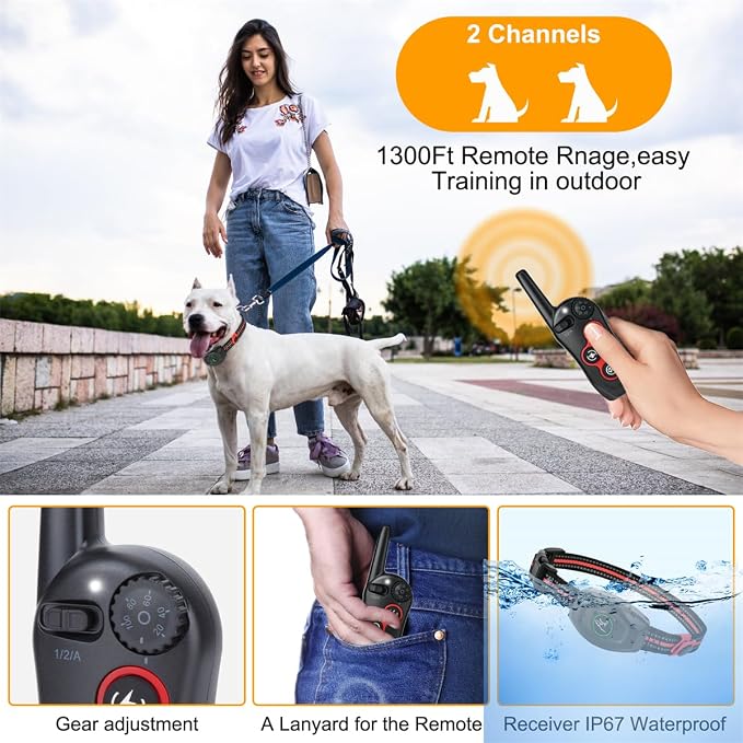 2 in 1 Dog Shock Collar - Bark Collar with Remote, w/3 Remote Training Modes, Beep, Vibration 1300Ft Dog Training Collar for for Small Medium Large Dogs (Red)