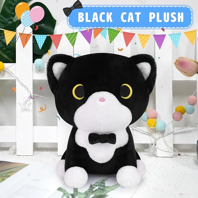 Tuxedo Cat Plush Toy, Black and White Cat Stuffed Animal with Bow Tie, Anime Plushies for Girls and Boys, Cute Soft Stuffed Cat Plushie Toys for Kids, Birthday Party