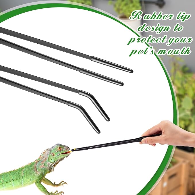 Lasnten 2 Pcs Extra Long Stainless Steel Reptile Feeding Tongs with Rubber Tip 10 Inch, 10.5 Inch Bearded Dragon Aquarium Straight and Curved Long Tweezer Terrarium Feeder Tool for Tank(Black)