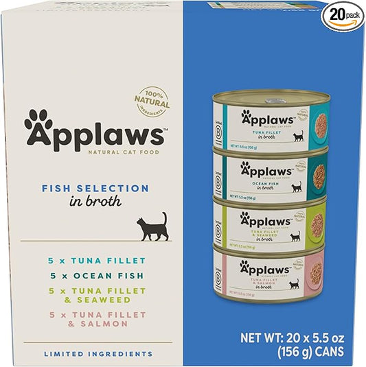 Applaws Natural Wet Cat Food in Broth, Limited and Natural Ingredients, High Protein with No Artificial Additives, Fish Selection in Broth Cans (20 x 5.5 oz Cans)