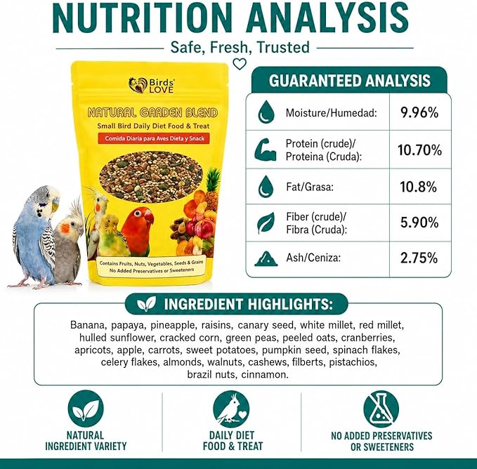 Birds LOVE All Natural Garden Blend Bird Food for Small Birds - Lovebirds, Cockatiels, Parakeets and Parrotlets 2lb