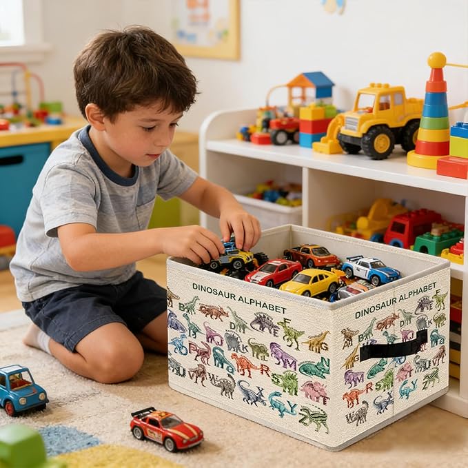 Alphabet Dinosaur Kids Storage Bins, ABC Education Dino Foldable Closet Organizers Storage Basket Toybox for Toddler Playroom Nursery Preschool Classroom Clothes Bed Sheets Blankets Toys