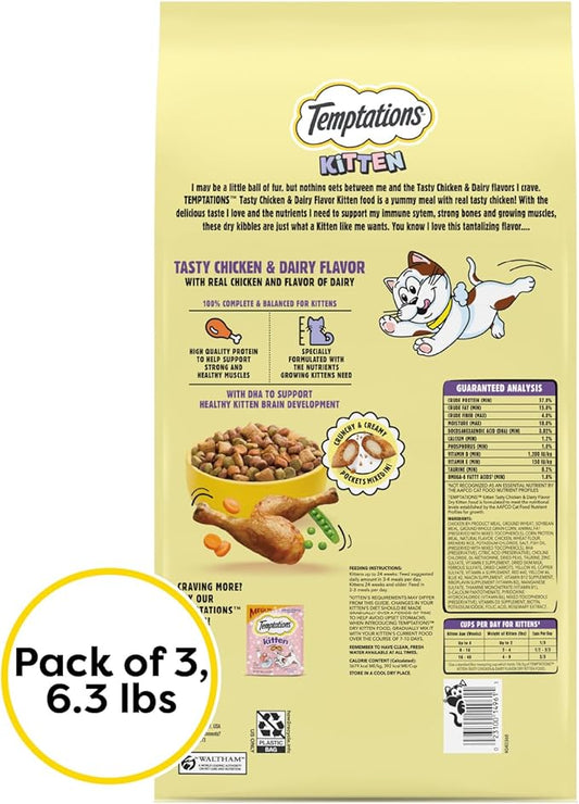 Temptations Kitten Cat Food Dry, Chicken & Dairy Kitten Food, 6.3 lb. Bag (Pack of 3)