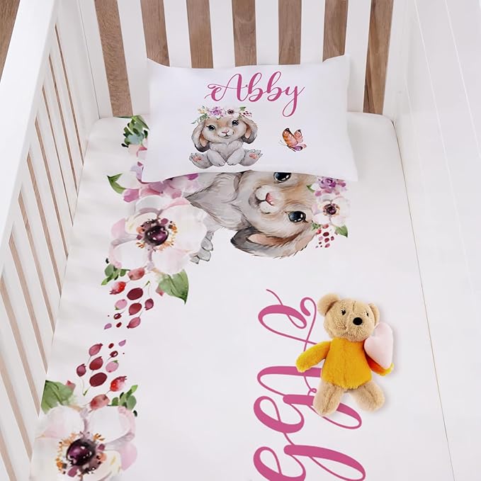 Personalized Crib Bedding Set for Baby Boy Girl, Custom Name Rabbit Design 3 Piece Baby Bedding Set, Including Plush Blanket, Fitted Sheet and Pillowcase for Newborn Nursery Gift