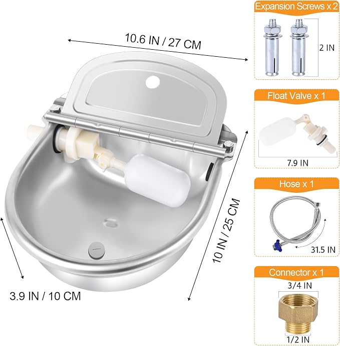 MYFAMIREA Automatic Animal Drinking Water Bowl Stainless Steel Waterer Feeder Farm Dog Dispenser Kit Self Filling for Livestock Horse Goat Water Trough with Float Valve Drain Hole Hose Adapter Bolts