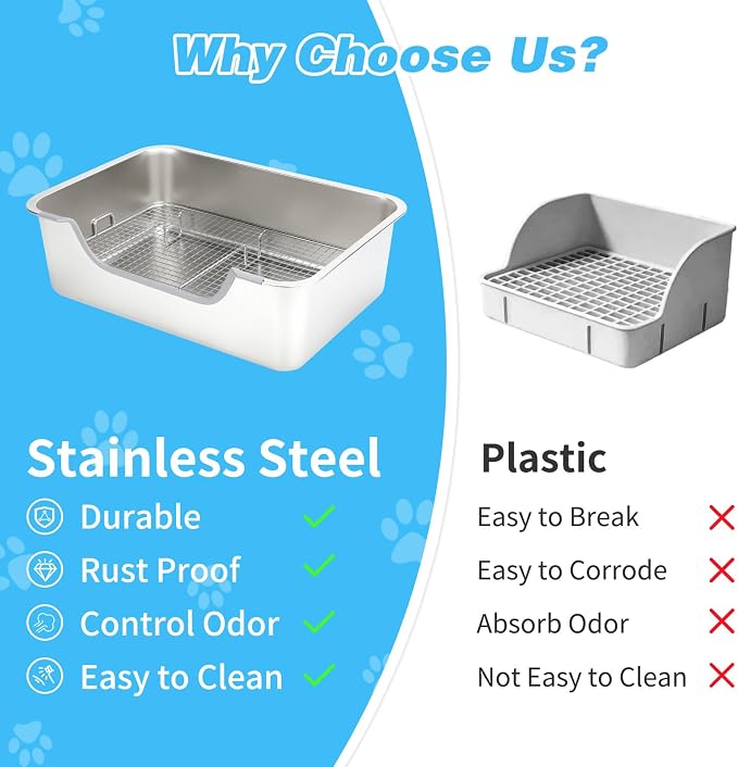 YUEPET 4-in-1 Large Rabbit Litter Box, Non-Slip Stainless Steel Litter Boxes with Sifting Grid & Hay Feeder Food Bowl, Easy Cleaning Bunny Litter Box with Odor Control for Rabbits Small Pets（L）